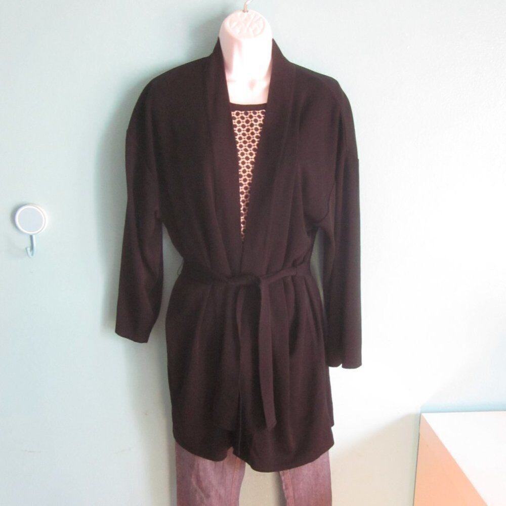 Plein Air Womens Size M Black Acrylic Knit Cardigan Sweater w/ Tie Belt Closure